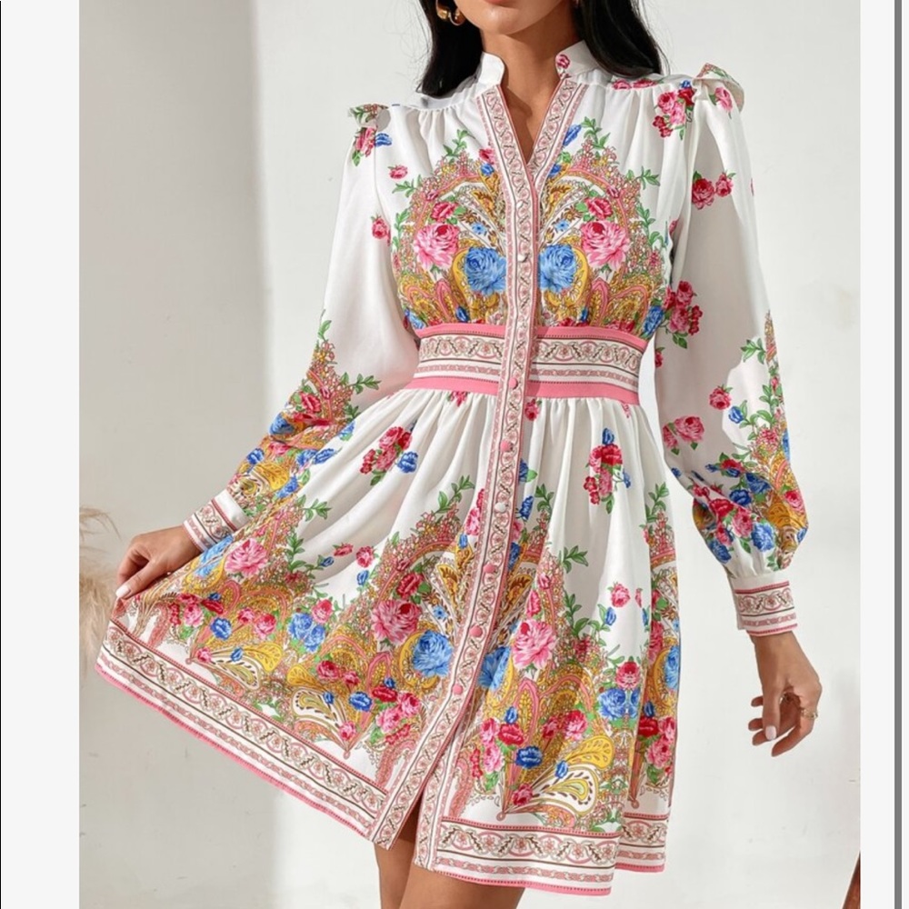 Boho Floral Print High Neck Collar Puff Sleeve Shirt Dress - Picture 2 of 6